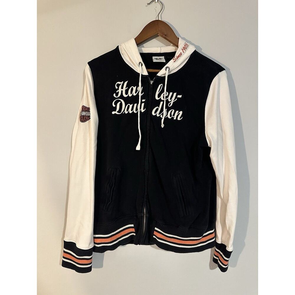 Harley Davidson Womens M Full Zip Hoodie Black Off White Colorblock